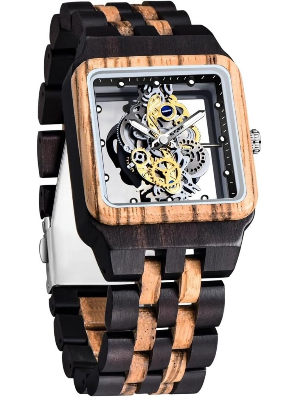 Men's Black Brown Square Skeleton Buckle Analog Quartz Classic Wooden Watch